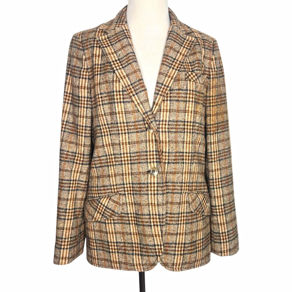 Vintage Old Money Tweed Womens Blazer Size 12 Wool Plaid Academia Heritage Tan